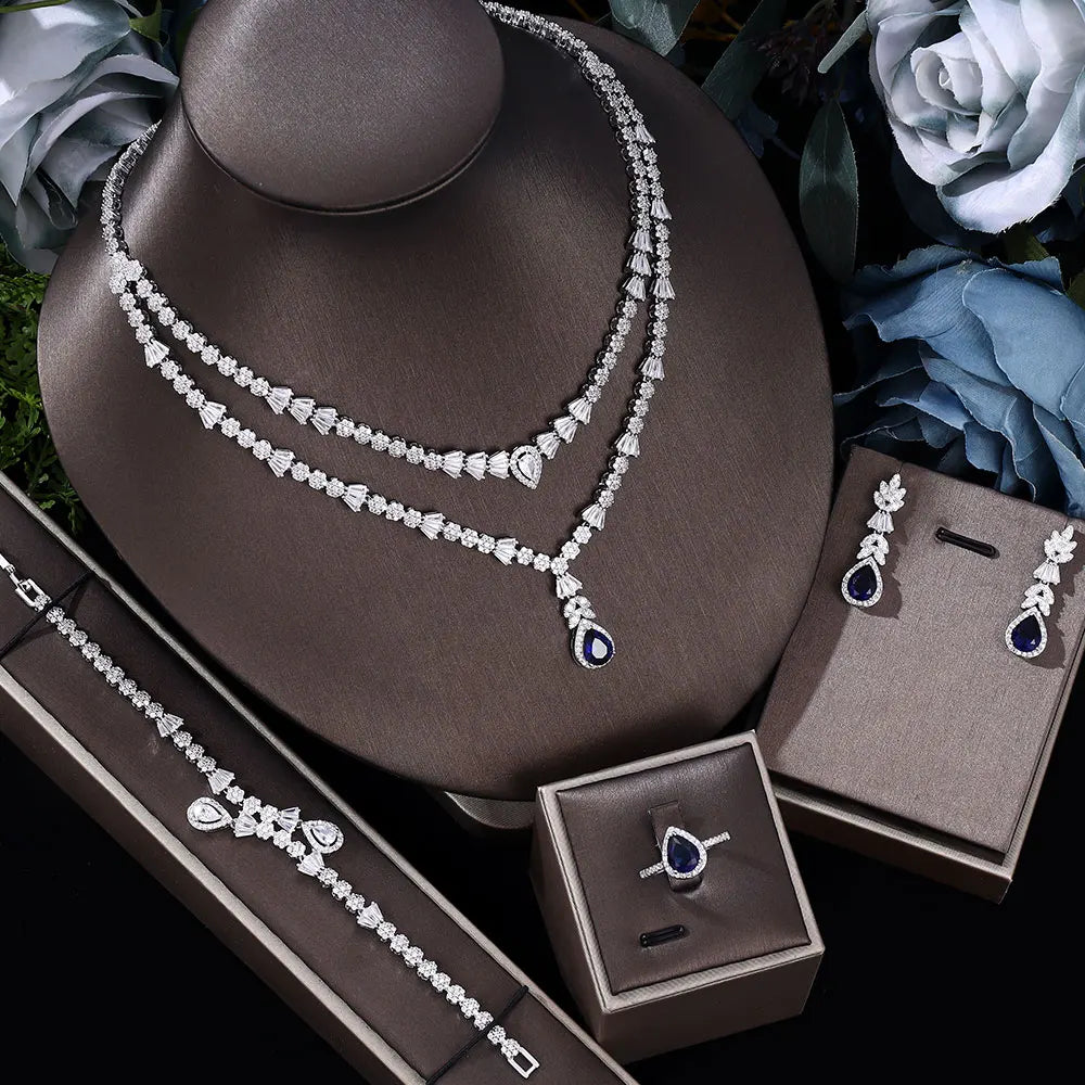 Double Layers Necklace Earring 4 Pieces Sets Luxury Cubic Zirconia Dubai Nigeria Wedding Bridal Jewelry Sets