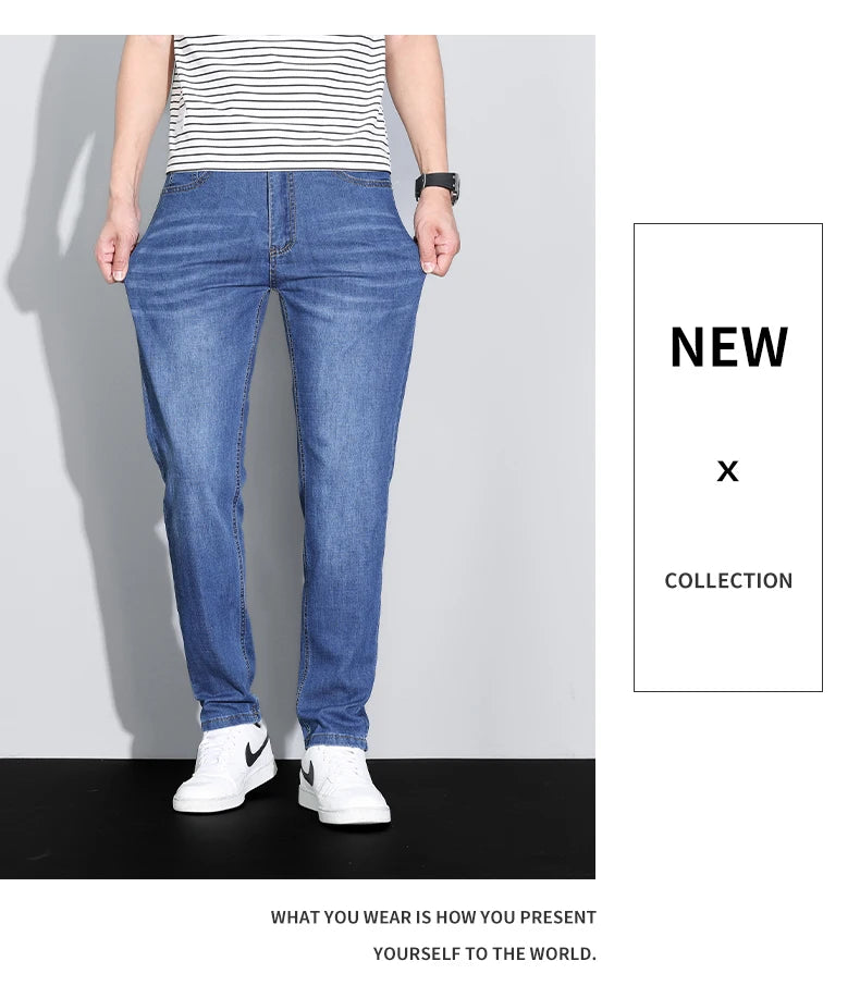 Men's Ice Silk Denim Cargo Pants Summer New Thin Business Casual Jeans Outdoor Y2K All Match Slim Fit Straight Elastic Jean Male