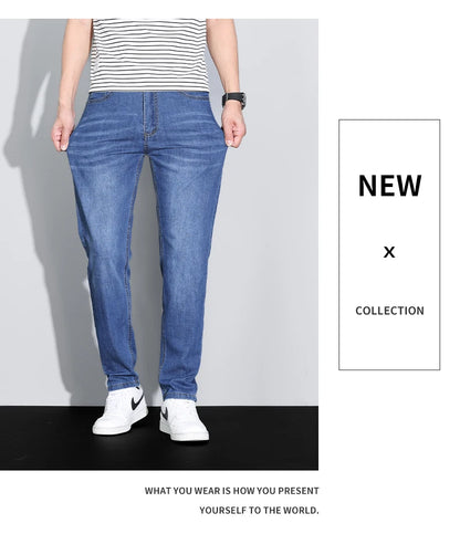 Men's Ice Silk Denim Cargo Pants Summer New Thin Business Casual Jeans Outdoor Y2K All Match Slim Fit Straight Elastic Jean Male