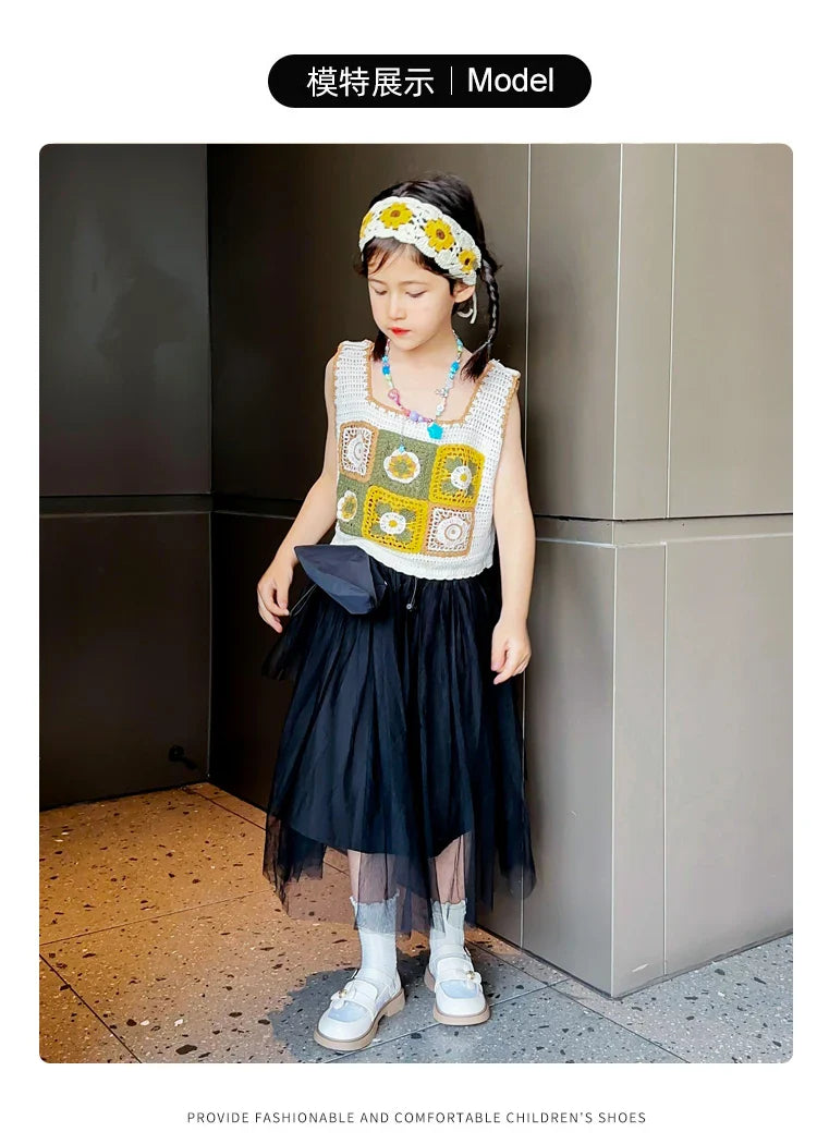 Toddler Girls Elegant Glossy Mesh Mary Jane Flats Flower Buckle Strap Heart Pattern Chunky Sole Comfortable Party School Shoes