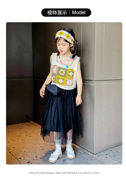 Toddler Girls Elegant Glossy Mesh Mary Jane Flats Flower Buckle Strap Heart Pattern Chunky Sole Comfortable Party School Shoes