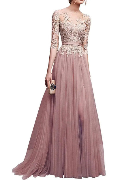 Scoop Neckline Zipper Up Tulle Long Floor-length Dresses Lace Applique Half Sleeve High Split Wedding Evening Party Prom Gowns