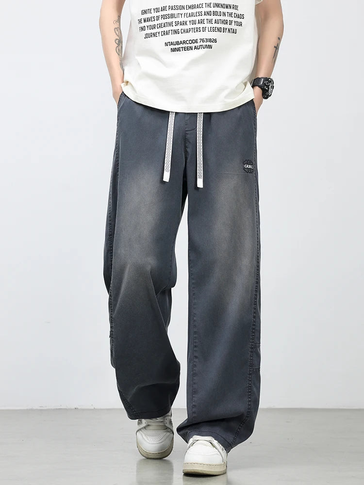 Summer Lyocell Men's Jeans Soft Elastic Washed Casual Pants Loose Lightweight Embroidery Wide Leg Straight Denim Trousers