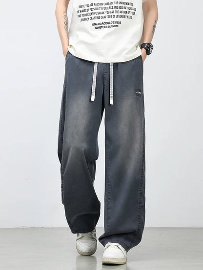 Summer Lyocell Men's Jeans Soft Elastic Washed Casual Pants Loose Lightweight Embroidery Wide Leg Straight Denim Trousers