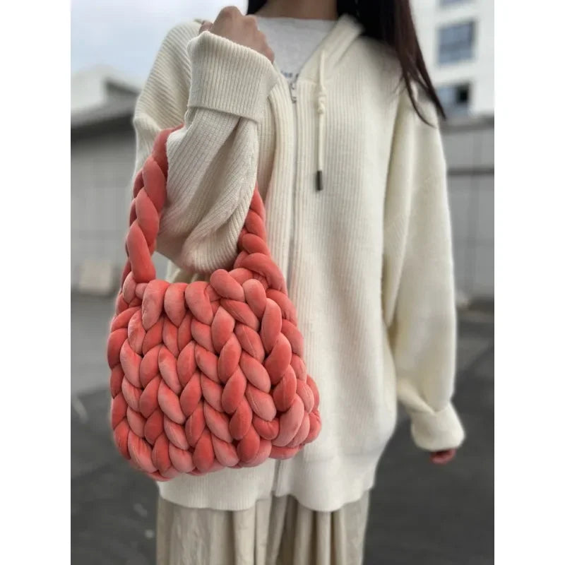 Velvet Bag DIY Hand Woven Bag Crystal Velvet Core Spun Yarn Woven Bag Hand-held Mailman Bag Velvet Handbag New