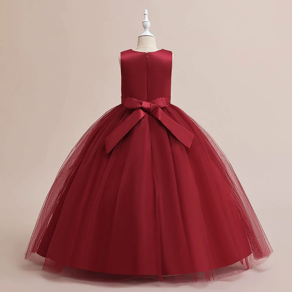 Elegant Party Bridesmaids Girls Dresses Summer Bow Flower Wedding Princess Prom Dress for Girl Tulle Evening Christmas Costumes