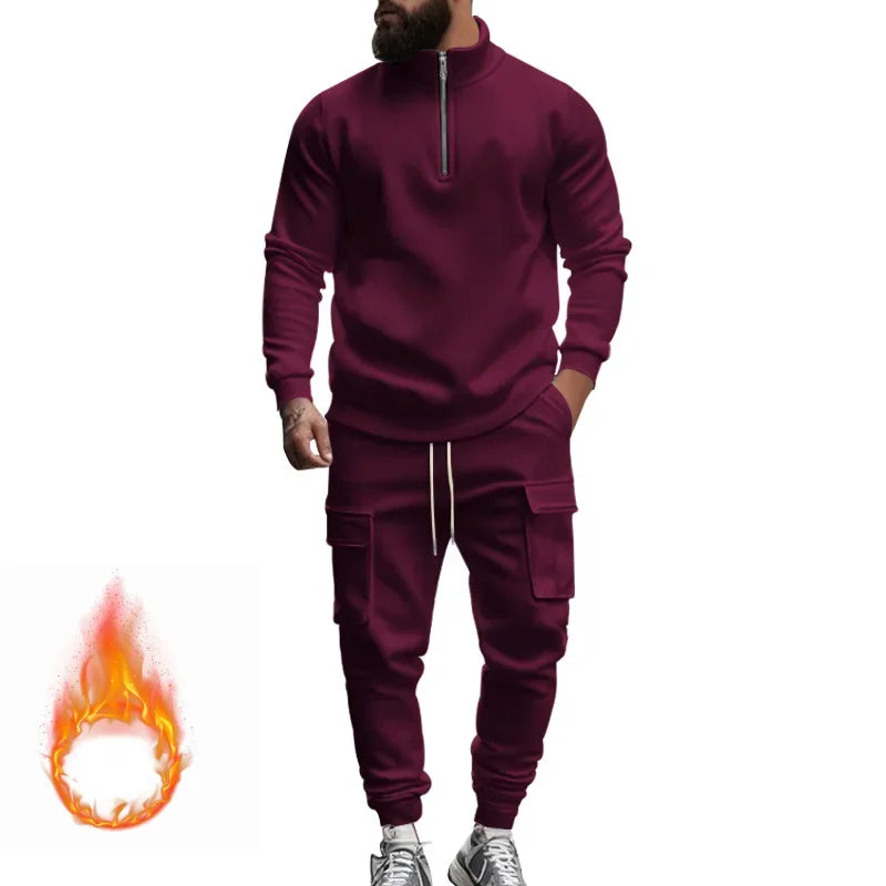 2024 autumn and winter men's casual velvet warm zipper sports trousers set