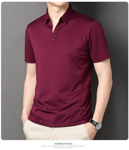 2024 High-quality Elastic Stretch POLO, Business Casual Men's Short-sleeved Shirt, Seamless V-neck M-4XL Men's Polo Shirt