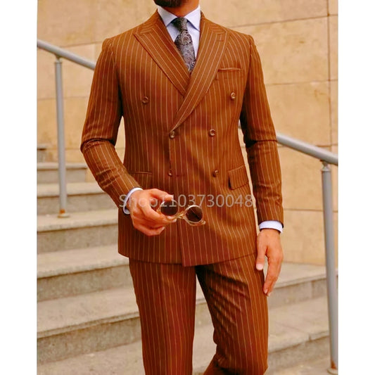 2 Piece Brown Striped Men Suits Slim Fit Peak Lapel Double Breasted Blazer Wedding Groom Tuxedos Business Suits(Jacket+Pants)