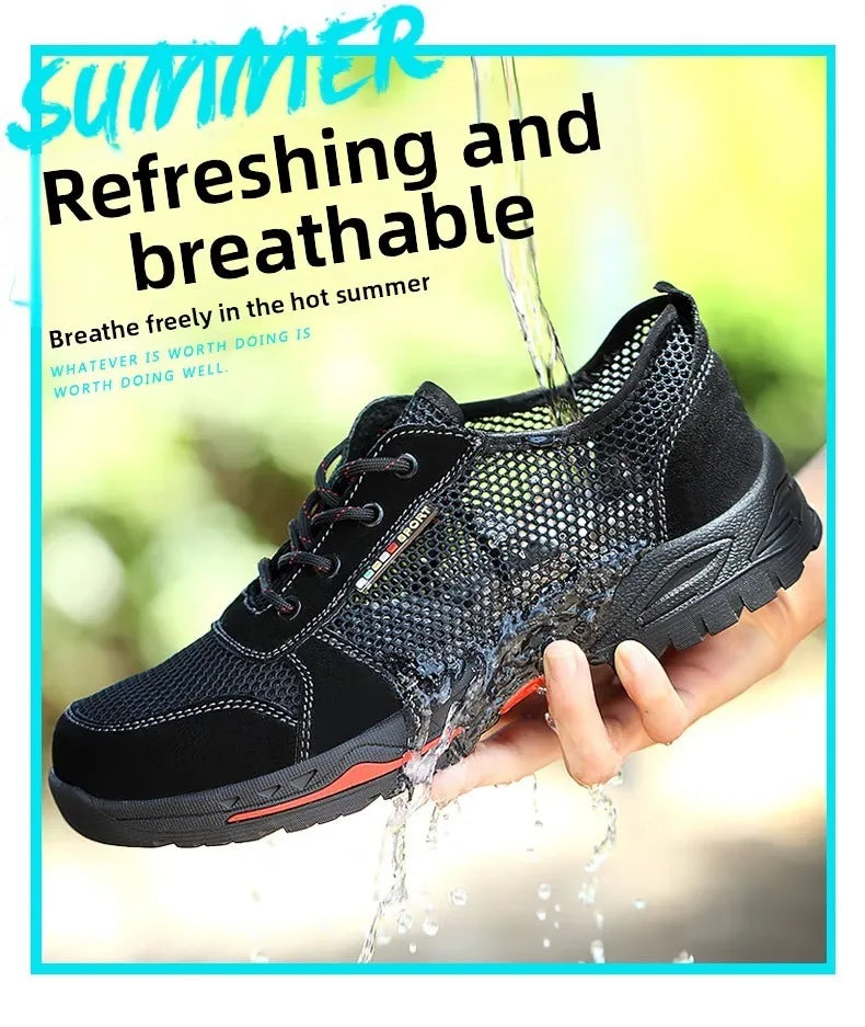 Summer Black Safety Shoes with Steel Toe Lightweight Mesh Ventilation  Puncture-proof Durable Impact-resistant Cool Comfortable