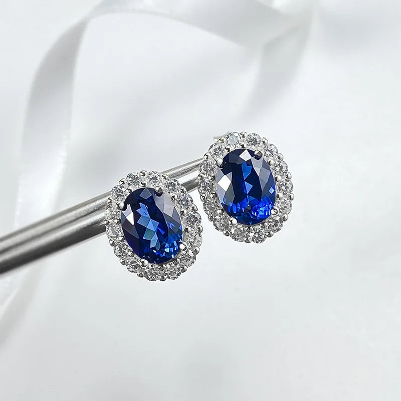 Classic Oval 6*8mm Red/Blue Zircon Stud Earrings For Women 100% 925 Sterling Silver Sparkling Wedding Fine Jewelry