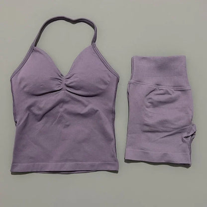 No Logo 2 Pies Sports Set Women Backless Tank Yoga Tops High Waist Scrunch Seamless Shorts Sport Gym Set Sportswear Workout Set