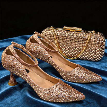 Elegant Fuchsia Women's Heels & Handbag Set – Stunning Rhinestone-Embellished Shoes for Weddings and Special Events