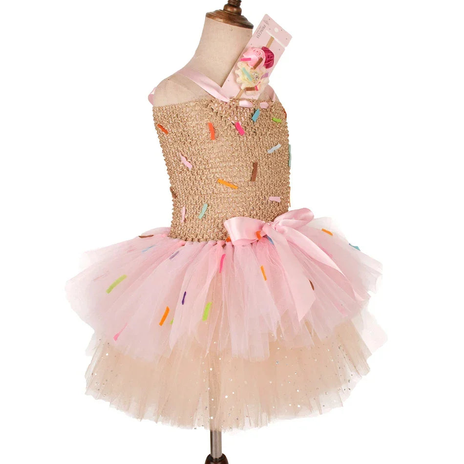 2026 Purim Girls Candy Icecream Dress Handmade Mesh Tutu Dress Childrens Birthday Carnival Party Ball Gown With Icecream Balloon