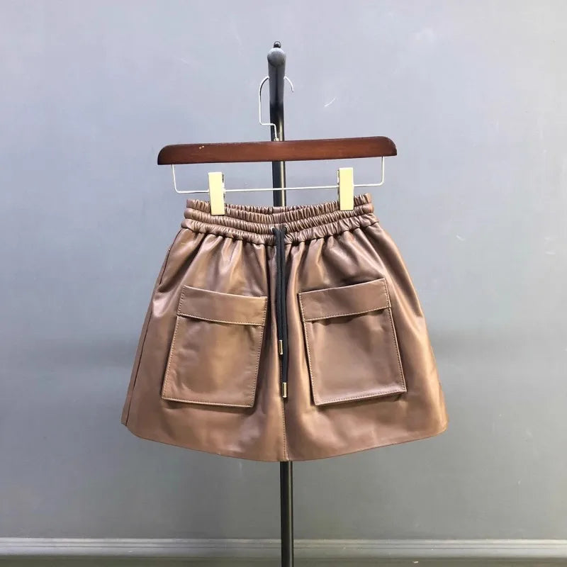 New Autumn Natural Sheepskin Elastic Waist Shorts Skirts A-Line Pocket Wide Leg Casual Above Knee Mini Genuine Leather Skirt 4XL