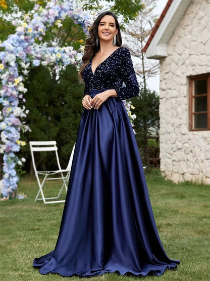 Luxury Long Sleeve V-Neck Satin Formal Evening Dresses 2025 Elegant Wedding Party Sequins Women Prom Cocktail Gowns