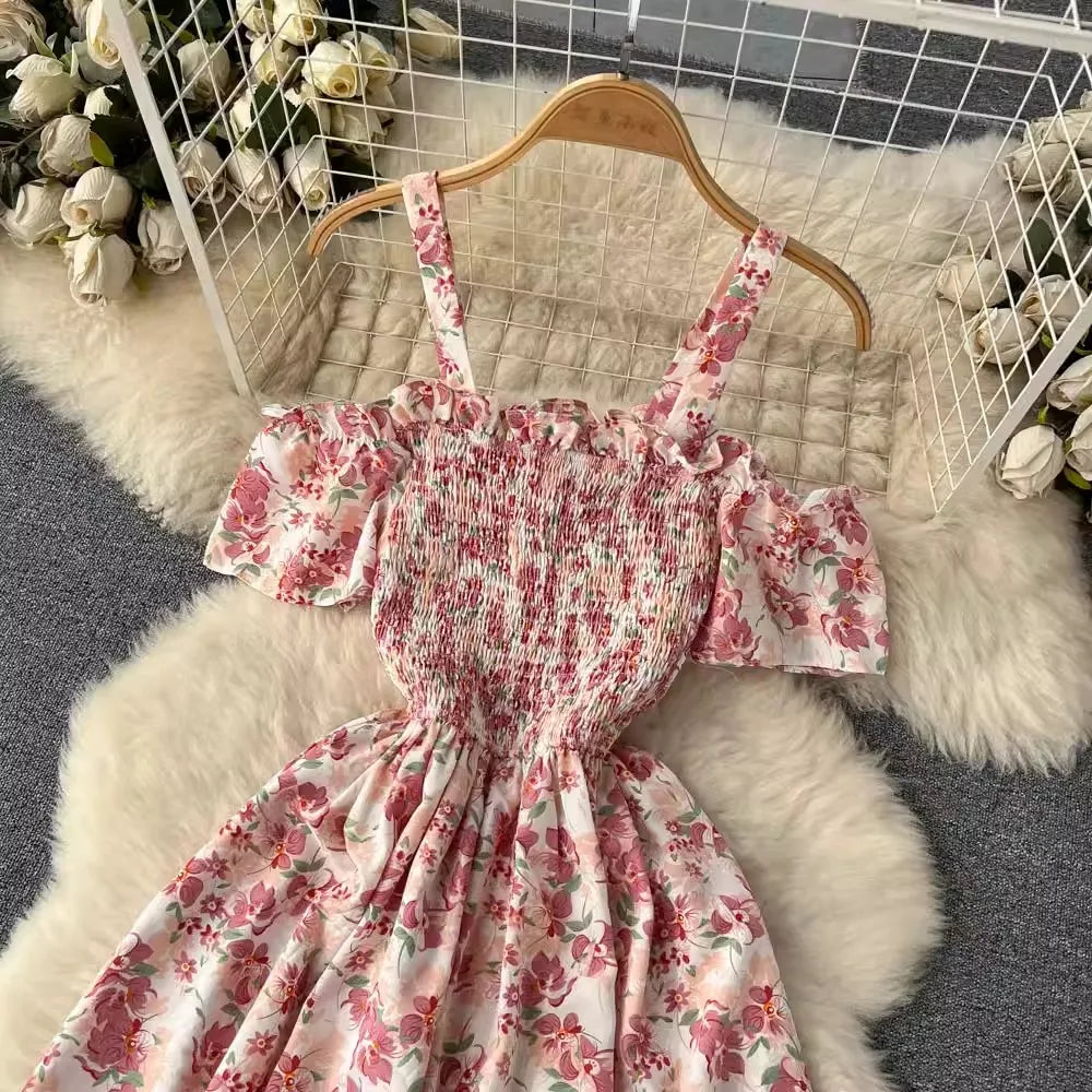 Romantic Floral Print Long Summer Dress Women Fashion Off Shoulders Straps Vacation Beach Dress Korean Party Vestidos
