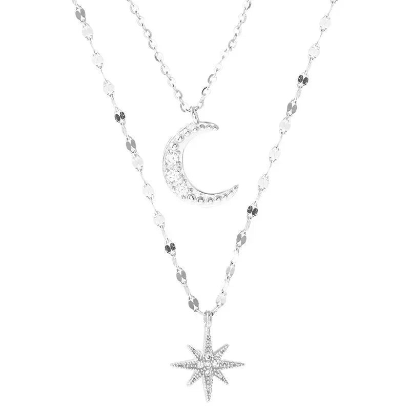 925 Silver Necklace for Women Double Layer Zircon Star Moon Pendant Necklace Delicate Chain Charm Elegant Fashion Jewelry Gifts