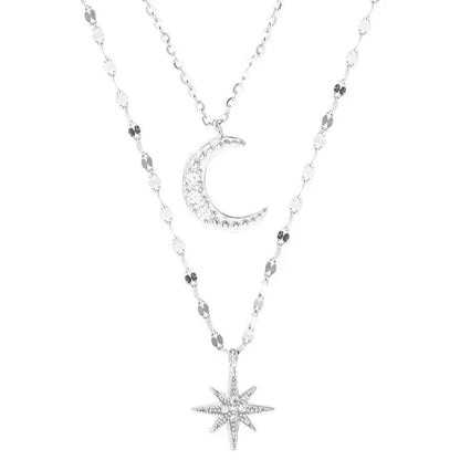 925 Silver Necklace for Women Double Layer Zircon Star Moon Pendant Necklace Delicate Chain Charm Elegant Fashion Jewelry Gifts