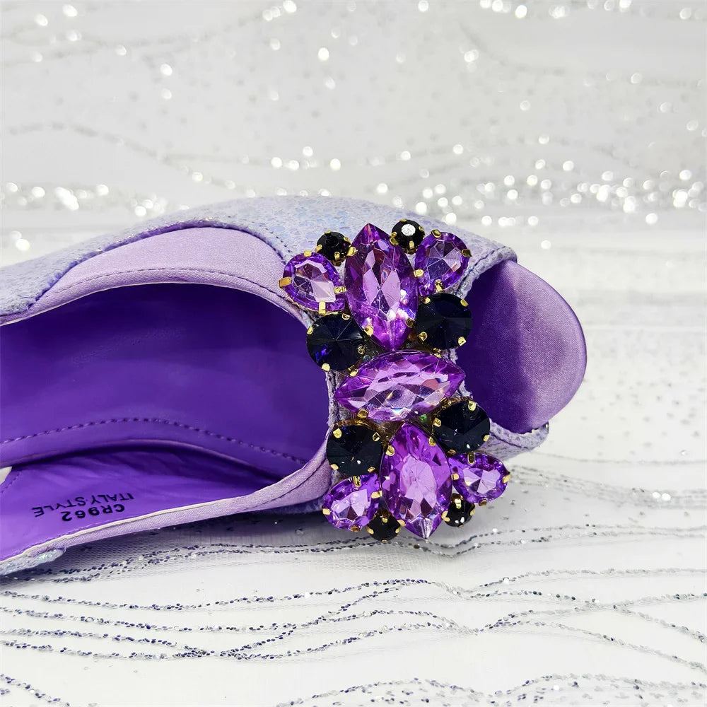 Rhinestone Design African Shoes & Bag Set in Green – Open Toe Comfortable Women's Heels