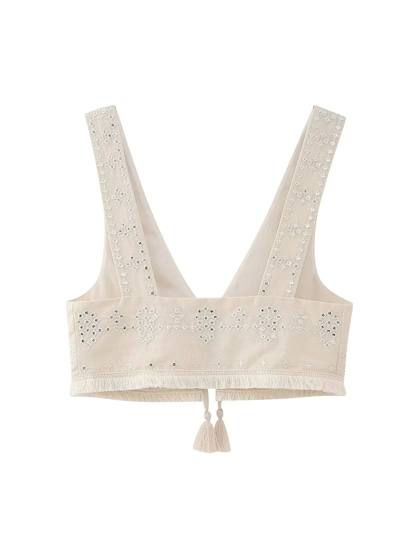Y2K Embroidery Women Waistcoats Summer Lightweight V Neck Sleeveless Tassels Hem Slim Vest Female Crop Top