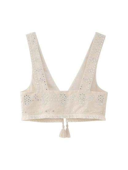 Y2K Embroidery Women Waistcoats Summer Lightweight V Neck Sleeveless Tassels Hem Slim Vest Female Crop Top