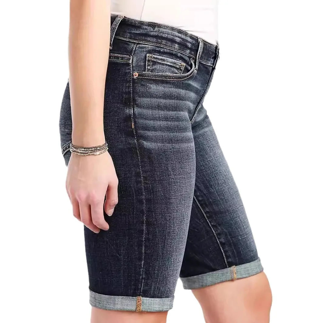 Jeans Curto Feminino Confortável de Cintura Média e Slim