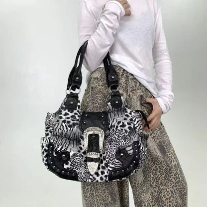 Y2K street personality spicy girl leopard print patchwork tote bag with multiple pockets and rivets retro crossbody handbag