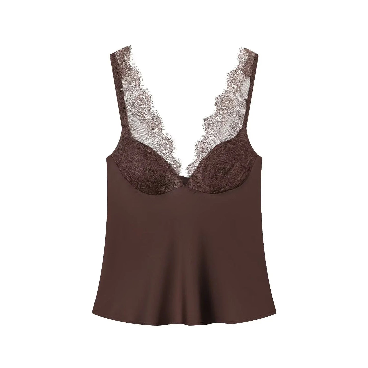 European and American style 25 winter new lace detail decoration heart-shaped neckline fine shoulder strap silk texture top