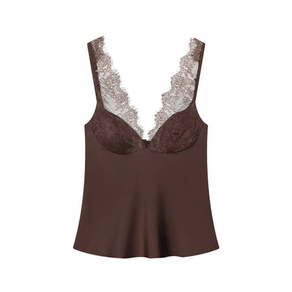 European and American style 25 winter new lace detail decoration heart-shaped neckline fine shoulder strap silk texture top