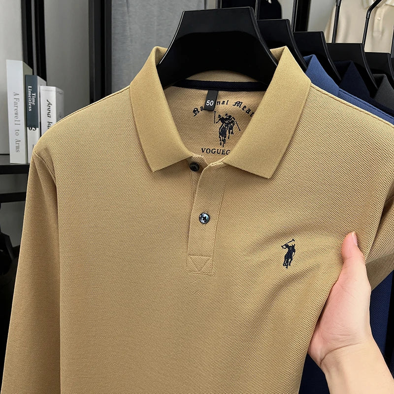 2025 New Cotton Long Sleeved T-shirt for Men, High End Embroidered Little Horse Logo Fashion Autumn/Winter Polo Top