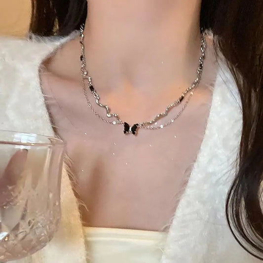 Korean Trend Love Butterfly Clavicle Chain For Women Shiny Multilayered Heart Necklace Collarbone Chain Valentine's Day Gifts