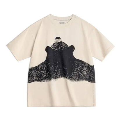 Oversized Bear Print Short Sleeve T-Shirt Women's Summer Apricot Loose Fit Ribbed Crew Neck Tee Cute Casual Street Tops