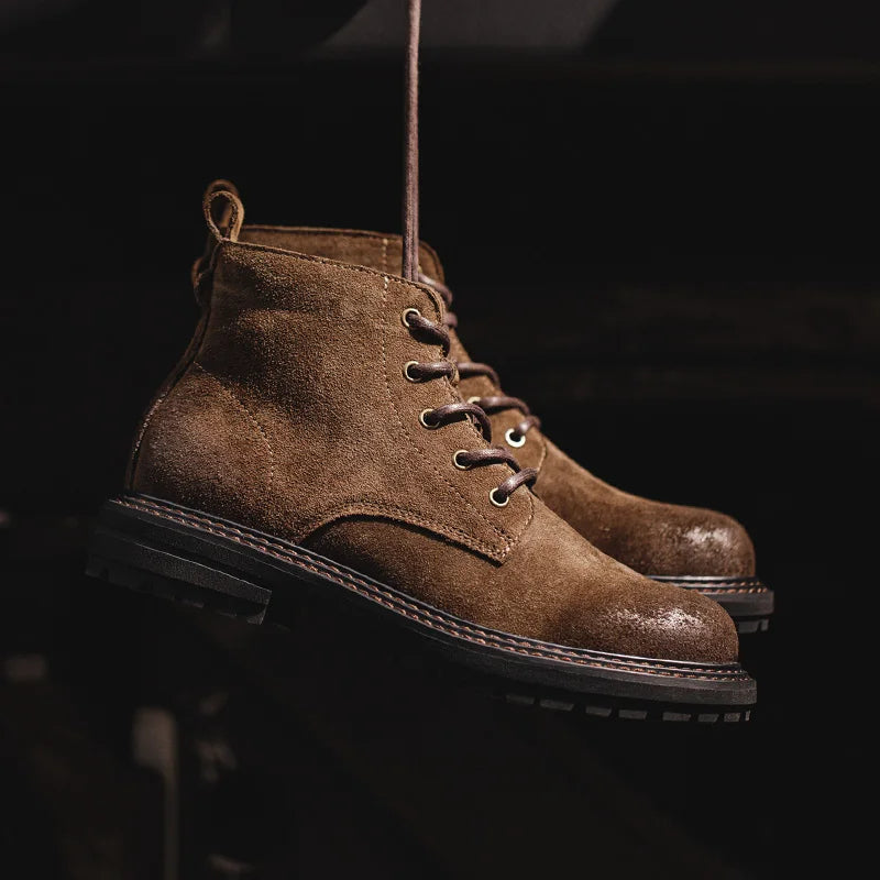 Men's Vintage Split Suede Boots Brown High-Top Work Boots Lace-Up Desert Ankle Rugged Sole Boots Outdoor Winter Fall Shoes