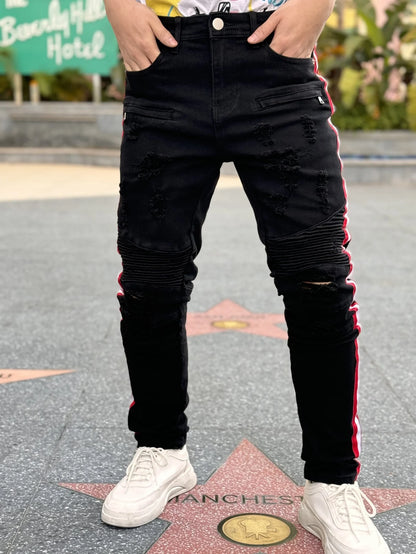 Y2K Men's Denim Hole-out Pants Patchwork Collection - Fashionable Trendy Street Hip-Hop Style Regular Fit Black Cotton Blend