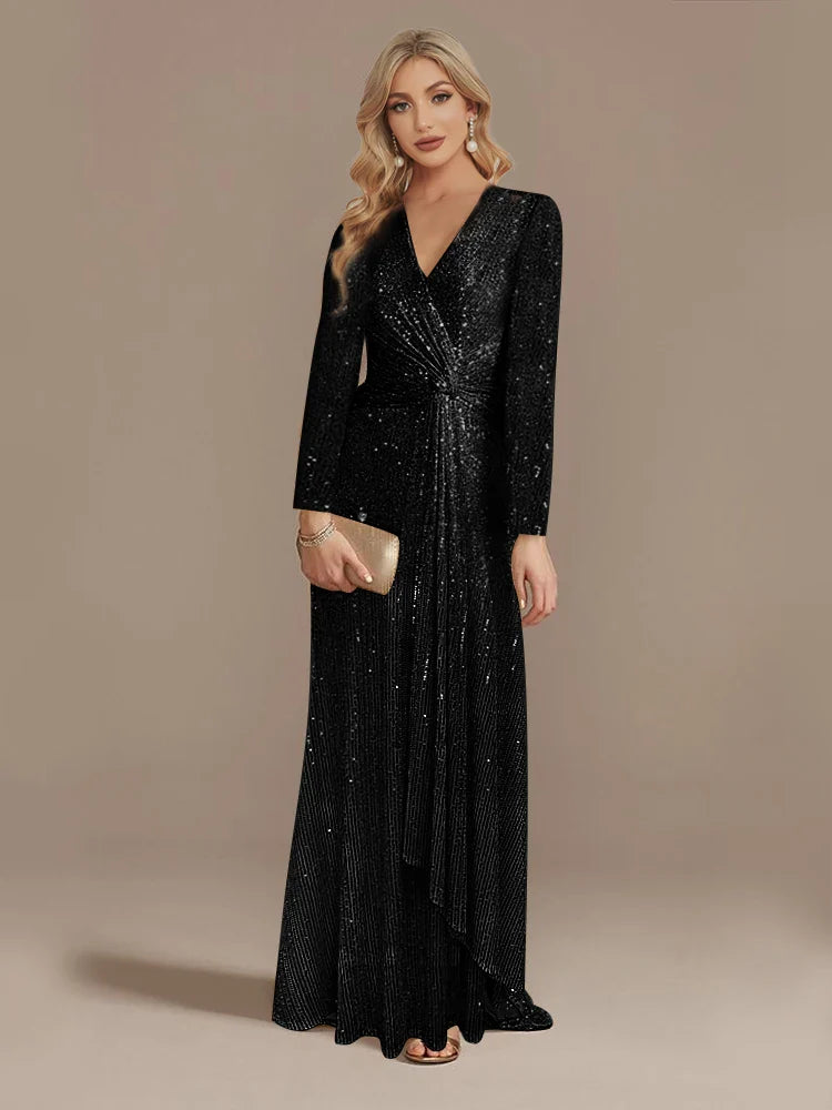 Luxury Floor Length V-Neck Evening Dress 2025 Women Elegant Party Maxi Dress Sequin Long Sleeves Prom Cocktail Dress