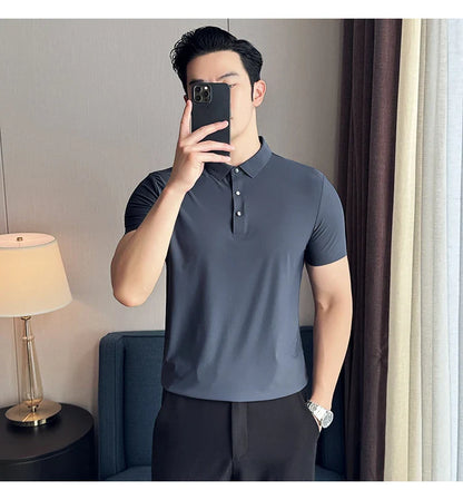 Ice Silk High Elastic Seamless T-shirt ,Summer Thin Polo Shirt, Solid Color Polo Collar Short Sleeve Brown Top, Business Leisure