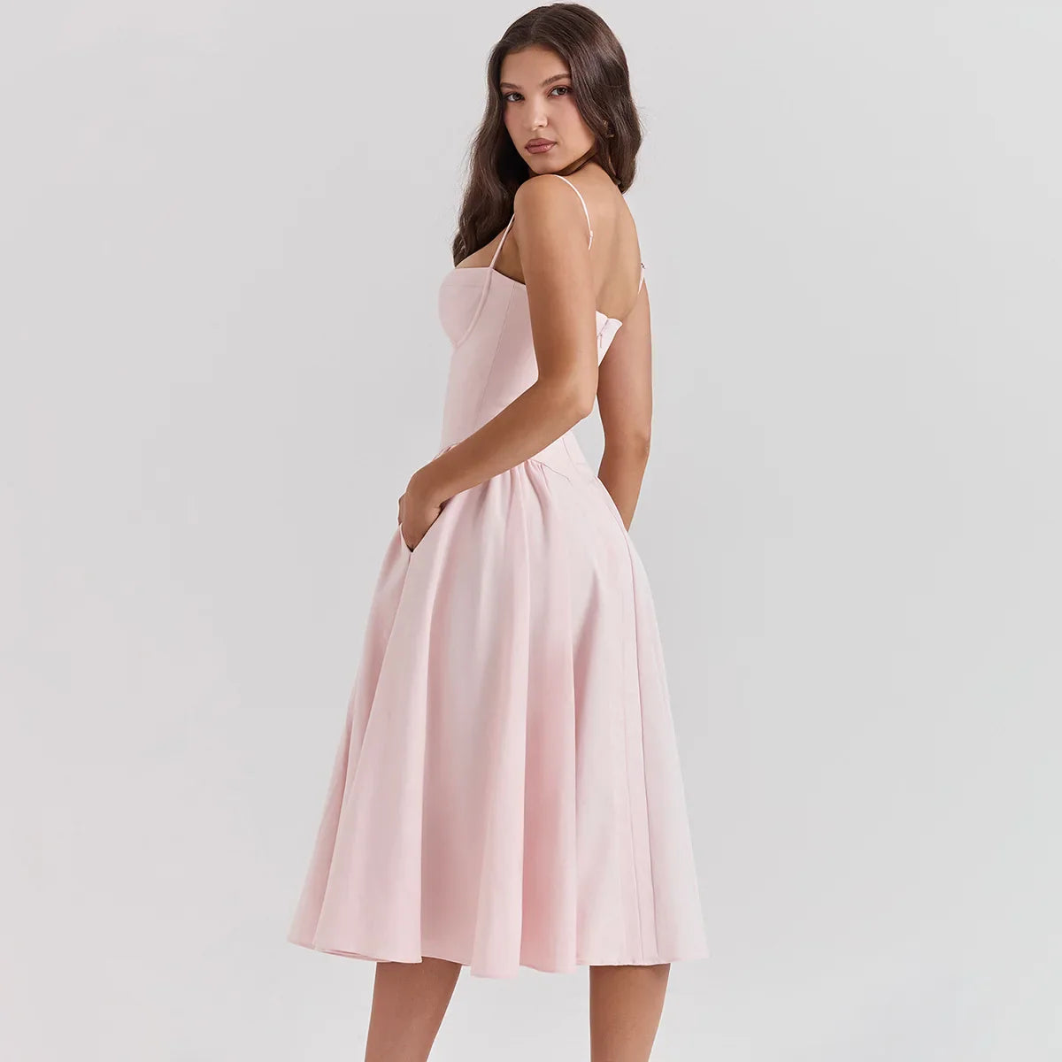 Women Elegant Sleeveless Backless Pleated Dresses Lady Sexy Solid Sling Midi Dress 2024 Female Party Evening A-line Robes