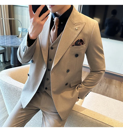 (Jackets+Pants) Luxury Double Breasted Design Slim Fit Suit High Quality Fashion Men's Wedding Social Suit Tuxedo 2 Piece Set