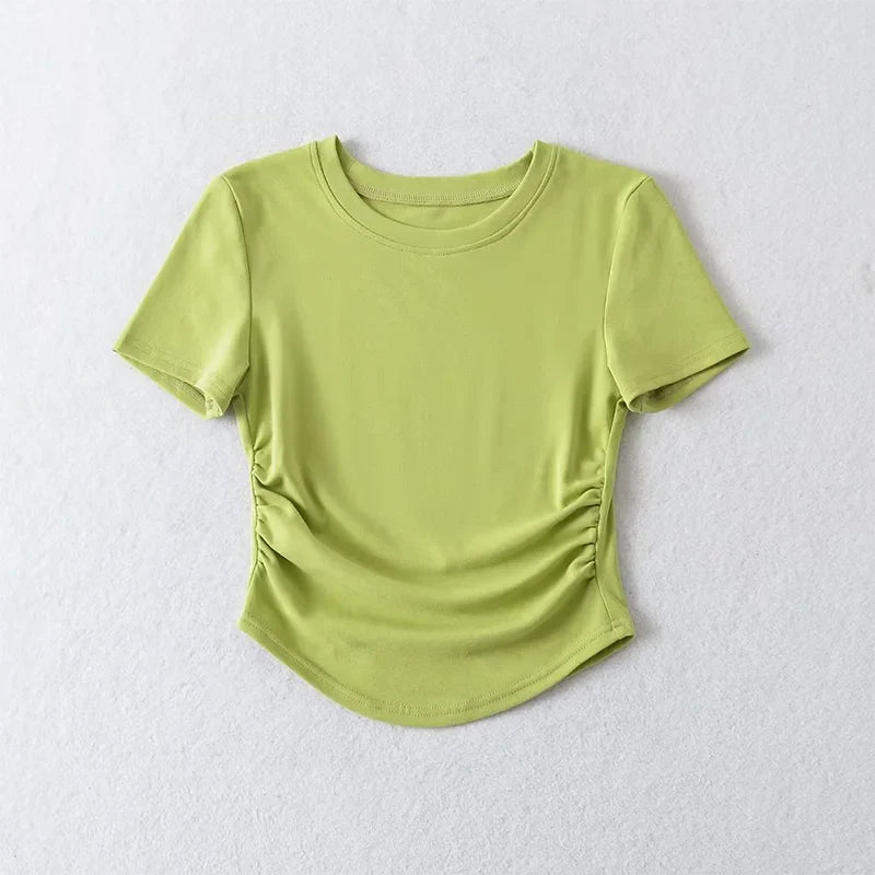 Harajuku Women Crew Neck Short Sleeve Cotton Tee With Ruched Sides Detail T-shirts
