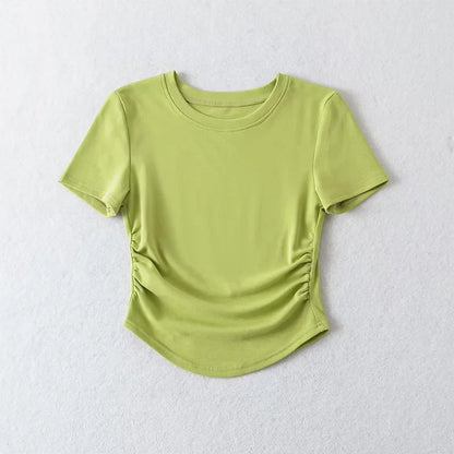 Harajuku Women Crew Neck Short Sleeve Cotton Tee With Ruched Sides Detail T-shirts