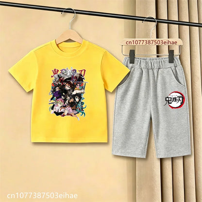Demon Slayer Ghost Blade Character Print Kids T-Shirt Casual Shorts Anime Comic Design Summer Comfortable Daily Wear Outfit Set