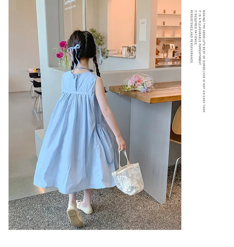 Summer Junior Girl Sleeveless Dress Solid Side Big Pockets Blue Ruched Dress For 2-10Y Girls Casual Round Collar Baby Girl Dress