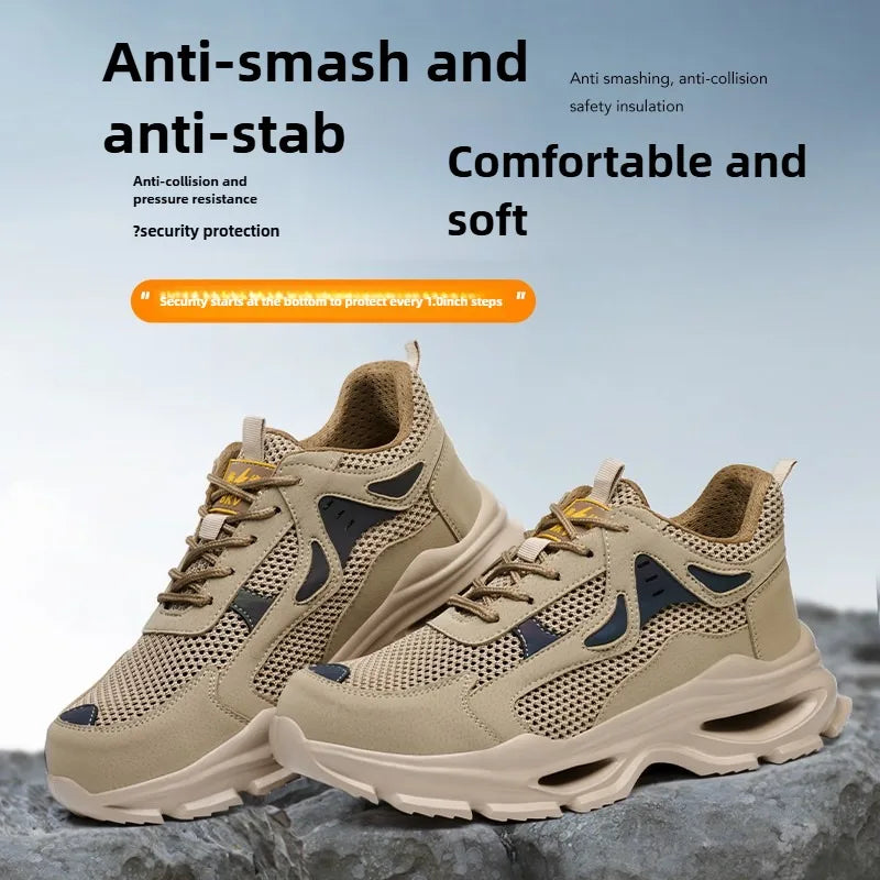 Summer Safety Shoes Anti-puncture Khaki Lightweight Breathable Men's Safety boots Durable Impact Resistant Work Sneaker