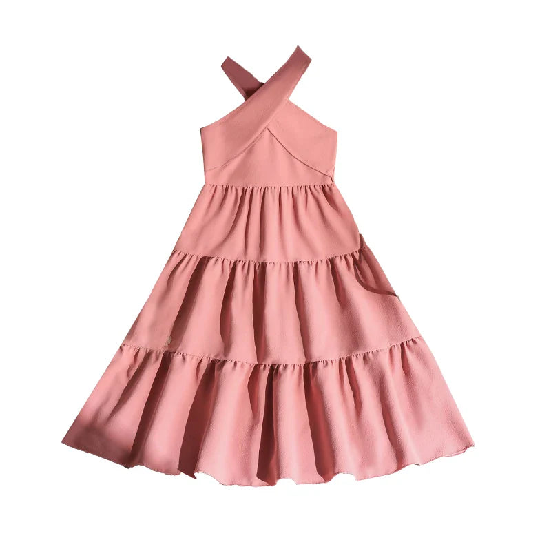 Girls 8-12 Pink Tiered Dress, Front Halter Neck Design & Tiered Ruffle Skirt, Casual Kids Wear