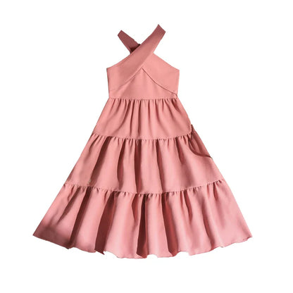 Girls 8-12 Pink Tiered Dress, Front Halter Neck Design & Tiered Ruffle Skirt, Casual Kids Wear