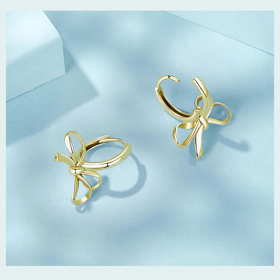 Gold Bowknot Ear Buckles, 925 Sterling Silver Hypoallergenic Classic Trend Hoop Earrings for Women Fine Jewelry SCE1752