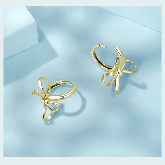 Gold Bowknot Ear Buckles, 925 Sterling Silver Hypoallergenic Classic Trend Hoop Earrings for Women Fine Jewelry SCE1752