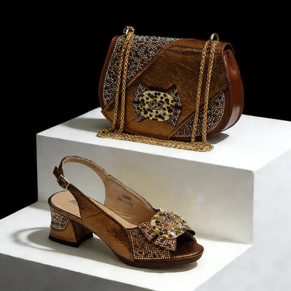 2026 Elegant Gold High Heel Shoe and Rhinestone-Accented Matching Bag Set - Stylish Peep Toe Design Perfect for Parties