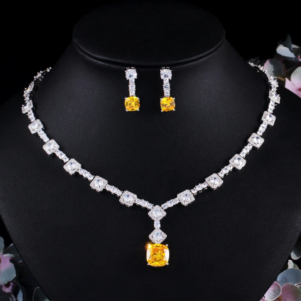 Super Shiny Big Square Yellow Cubic Zirconia Stone Wedding Bridal Necklace Earrings Party Costume Jewelry Sets for Women T0726